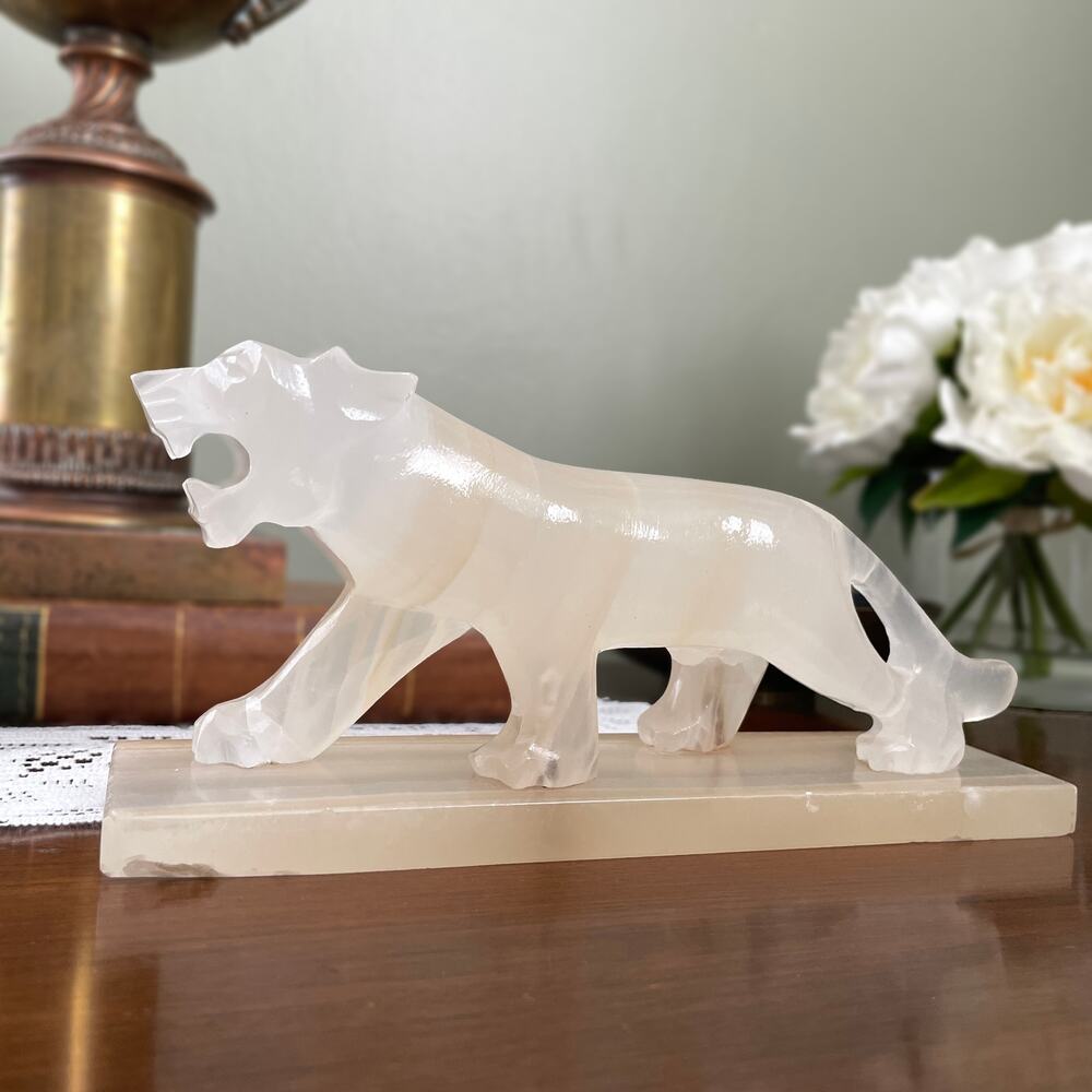Vintage Carved White Onyx Jaguar Sculpture - Art Deco Cat Figurine 8.5"